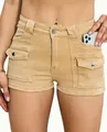 Detail view of women's khaki high-waisted denim cargo shorts with functional pockets. - S / Bottoms / Khaki