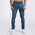 Stijlvolle blauwe heren skinny jeans slim fit hoge taille met klassiek five-pocket denim ontwerp - S / Donkerblauw