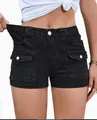 Close-up of black high-waisted stretch denim shorts with cargo pockets and button detail. - S / Bottoms / Black