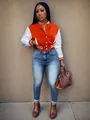 Women's orange and white color-block varsity jacket with snap buttons and striped trim - Orange