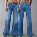 Front and back view of stylish women's blue washed flare denim jeans featuring raw hem detail - S / Bottoms / Light Blue