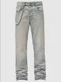Detail of light blue straight leg jeans with pearl accents and decorative waist chain - S / Bottoms / Nostalgic Blue