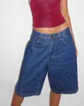 Detail of loose vintage denim mid-length shorts for women with non-stretch fabric - S / Bottoms / Dark Blue