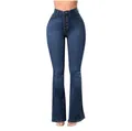 High-waisted stretch flared blue denim jeans featuring a stylish multi-button fly detail - S / Bottoms / Dark Blue