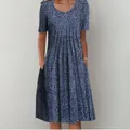 Abito a trapezio blu a maniche corte da donna con stampa a pois e tasche laterali - Taglia S / Top / Colore 6 (Stampa a pois blu scuro)