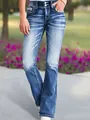 Vista detallada de vaqueros acampanados azules para mujer con costuras y bordado - S / Bottoms / Azul