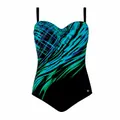 Detail view of women's one-piece swimsuit with vibrant abstract floral pattern - M / Top And Bottom / Blue Striped