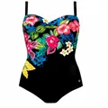 Detail showing the vibrant floral pattern on a black one-piece swimsuit for women. - M / Top And Bottom / Small Flower