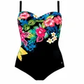Detail showing the vibrant floral pattern on a black one-piece swimsuit for women. - M / Top And Bottom / Small Flower