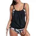 Dettaglio tankini da donna con stampa floreale, top nero e slip coordinati per il mare - Taglia S / Top E Pantaloni / Multicolore 1