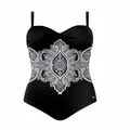 Elegant one-piece swimsuit in black featuring a vintage white paisley print pattern - M / Top And Bottom / Retro Floral