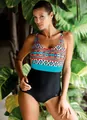 Detail of plus size one-piece swimsuit featuring tribal print and leopard splicing pattern. - M / Top And Bottom / Lake Blue Leopard