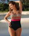 Detail of a women's plus size one-piece swimsuit with tribal print and red waist band. - M / Top And Bottom / Red Leopard