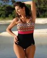 Detail of a women's plus size one-piece swimsuit with tribal print and red waist band. - M / Top And Bottom / Red Leopard