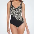 Eleganter Einteiler-Badeanzug für Damen mit Blumenmuster und V-Ausschnitt in Schwarz. - M / Oberteil Und Unterteil / Schwarz