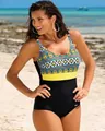 Stylish one-piece plus size swimsuit featuring mixed leopard and geometric print detail - M / Top And Bottom / Yellow Leopard