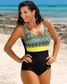 Stylish one-piece plus size swimsuit featuring mixed leopard and geometric print detail - M / Top And Bottom / Yellow Leopard
