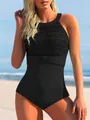 Detail of black mesh one-piece swimsuit with cutout and high-neck halter design - Black
