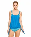 Elegante bañador tankini azul de dos piezas con top drapeado y parte inferior a rayas - Rayado Azul