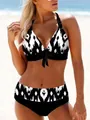 Conjunto de bikini sexy de dos piezas con estampado geométrico ikat en blanco y negro - M / Top Y Pantalón / Negro