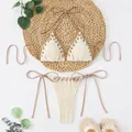 Detail view of cream ribbed bikini set with lace-up eyelet design and halter ties - S / Top And Bottom / Off White