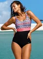Elegant one-piece swimsuit with geometric print and black bottom for curvy women. - M / Top And Bottom / Light Red