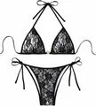 Detailed flat lay of a sexy black floral lace triangle bikini set with adjustable side ties - S / Top And Bottom / Black Lace and White