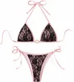 Detailed view of pink and black lace bikini set featuring delicate floral embroidery motifs - S / Top And Bottom / Black Lace and Pink