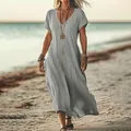 Loose grey V-neck cotton linen maxi dress perfect for beach vacations and summer wear. - Gray