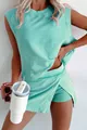 Close-up of women's mint green washed cotton two-piece sleeveless summer lounge set - S / Top And Bottom / Emerald Green