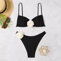 Two-piece black bikini set featuring 3D white rose appliques for a chic beach look - S / Top And Bottom / Black With White Flowers