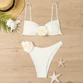 Elegant white two-piece bikini swimsuit set featuring 3D rose flower accents for women - S / Top And Bottom / Milky White