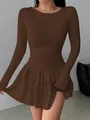 Detailed view of the slim-fit brown long-sleeved dress featuring a tiered ruffle hem - XS / Tops / Coffee
