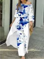 Stylish white two-piece set with blue butterfly prints, long tunic and wide pants. - S / Top And Bottom / Blue Butterfly (2#)