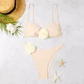 Elegant cream two-piece bikini set featuring romantic 3D white flower applique details - S / Top And Bottom / Off White