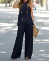 Elegant navy blue halter sleeveless top and wide-leg trousers two-piece set for women - S / Top And Bottom / Navy Blue