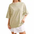 Casual loose-fit green and white striped t-shirt with drop shoulder design for women - Khaki and Light Green Stripes