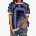 Detailopname van casual gestreept T-shirt met korte mouwen, ronde hals en geribbelde boorden - S / Tops / Gestreept Zwart en Blauw