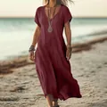 Loose wine red V-neck cotton linen maxi dress for women during beach sunset scene - S / Top And Bottom / Burgundy