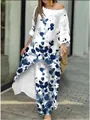 Full body shot of women's vintage floral print asymmetric top and wide-leg pants set. - S / Top And Bottom / Retro Botanical (4#)