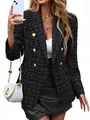 Chic black and white tweed blazer for women with elegant gold double buttons - S / Tops / Black