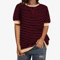 Gedetailleerde weergave van rood-zwart gestreept dames-T-shirt met beige ronde hals. - S / Tops / Gestreept Zwart en Rood