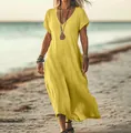 Yellow loose fit V-neck cotton linen maxi dress for women's casual summer beach outfit - S / Top And Bottom / Yellow