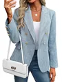 Light blue textured tweed blazer for women featuring double-breasted gold buttons - S / Tops / Light Blue