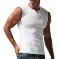 Men's white sleeveless henley tank top for casual and sports wear - M / Tops / White