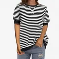 Casual black and white striped short sleeve T-shirt with black solid trim details for women - Striped White and Black