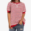 Close-up of a red and white striped round neck T-shirt with red ribbed cuffs - Striped Wine Red and White