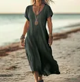 Dark charcoal loose V-neck cotton linen maxi dress for beach vacation - S / Tops / Dark Gray