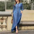 Elegant long-sleeved blue denim maxi dress with a lapel collar and button-down front. - S / Light Blue Denim