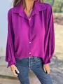 Fashionable magenta purple long sleeve button-up shirt with lapel collar for women - Purple